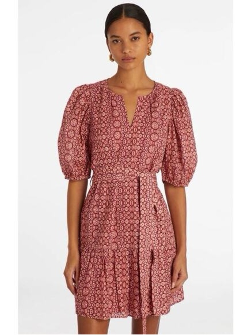 MARIE OLIVER $359 • 20” PTP • Red Printed Tie-Waist Cottagecore Boho Dress